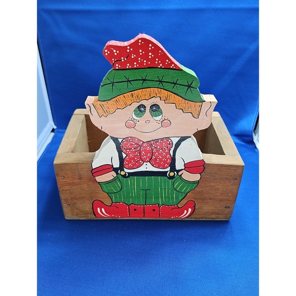 Other - Wood Elf Christmas Card Box Folk Art Handcrafted Hand Painted Kitsch Vintage 9"